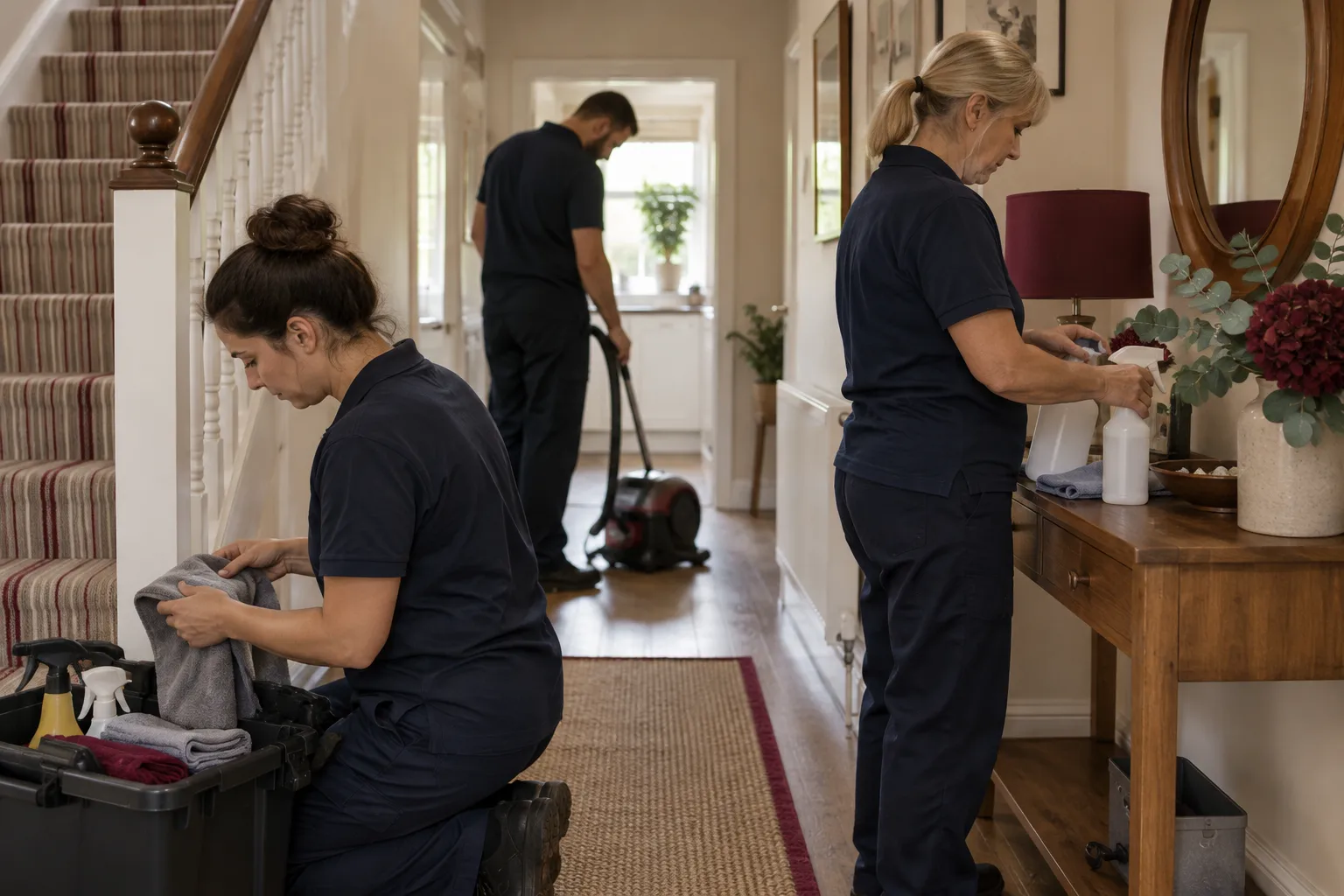 Three fictional professional cleaners of different ages in plain navy work clothes preparing cloths and equipment in a modest British flat hallway, candid work-focused expressions, nobo