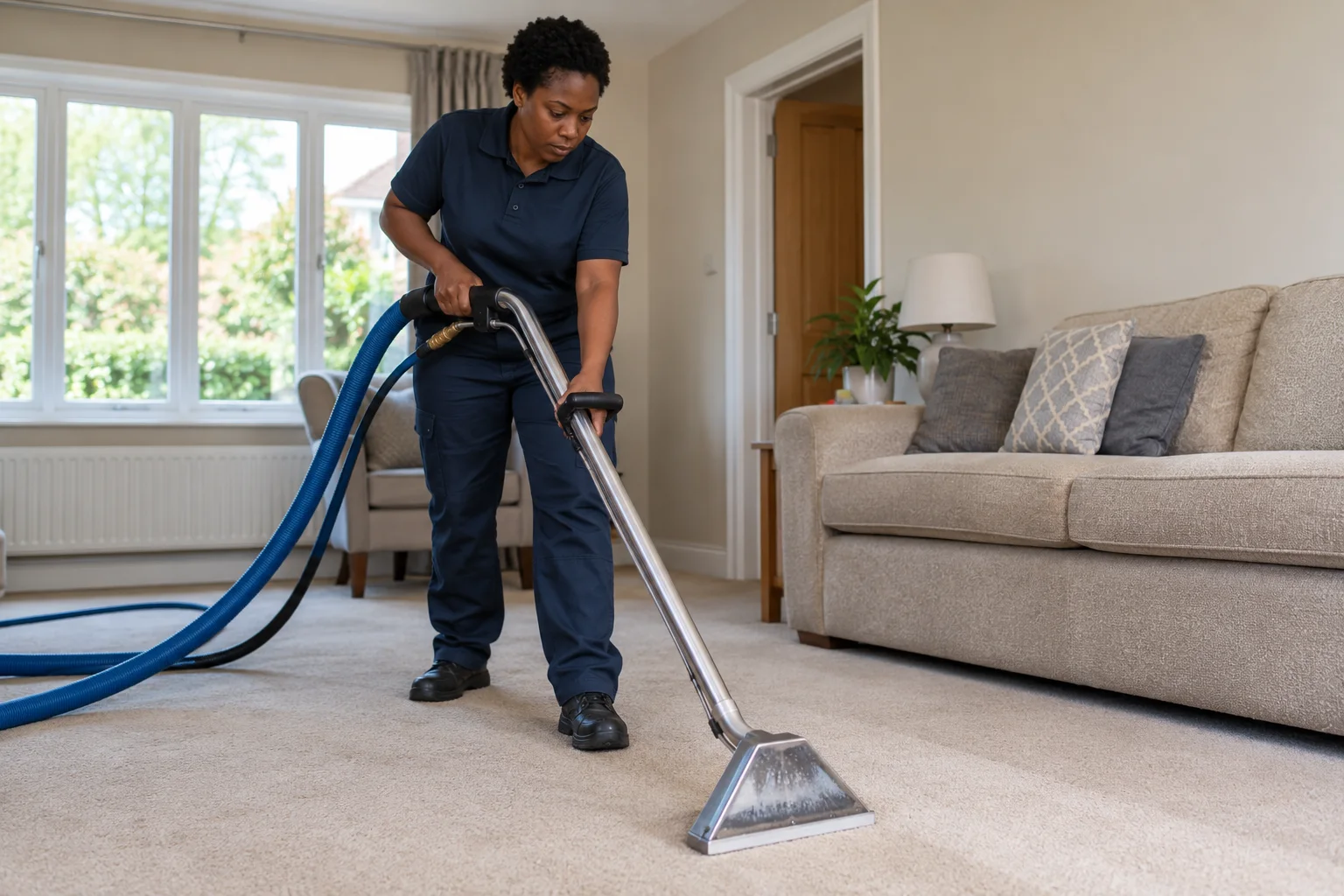 Technician using an extraction wand on fitted carpet (illustrative image)
