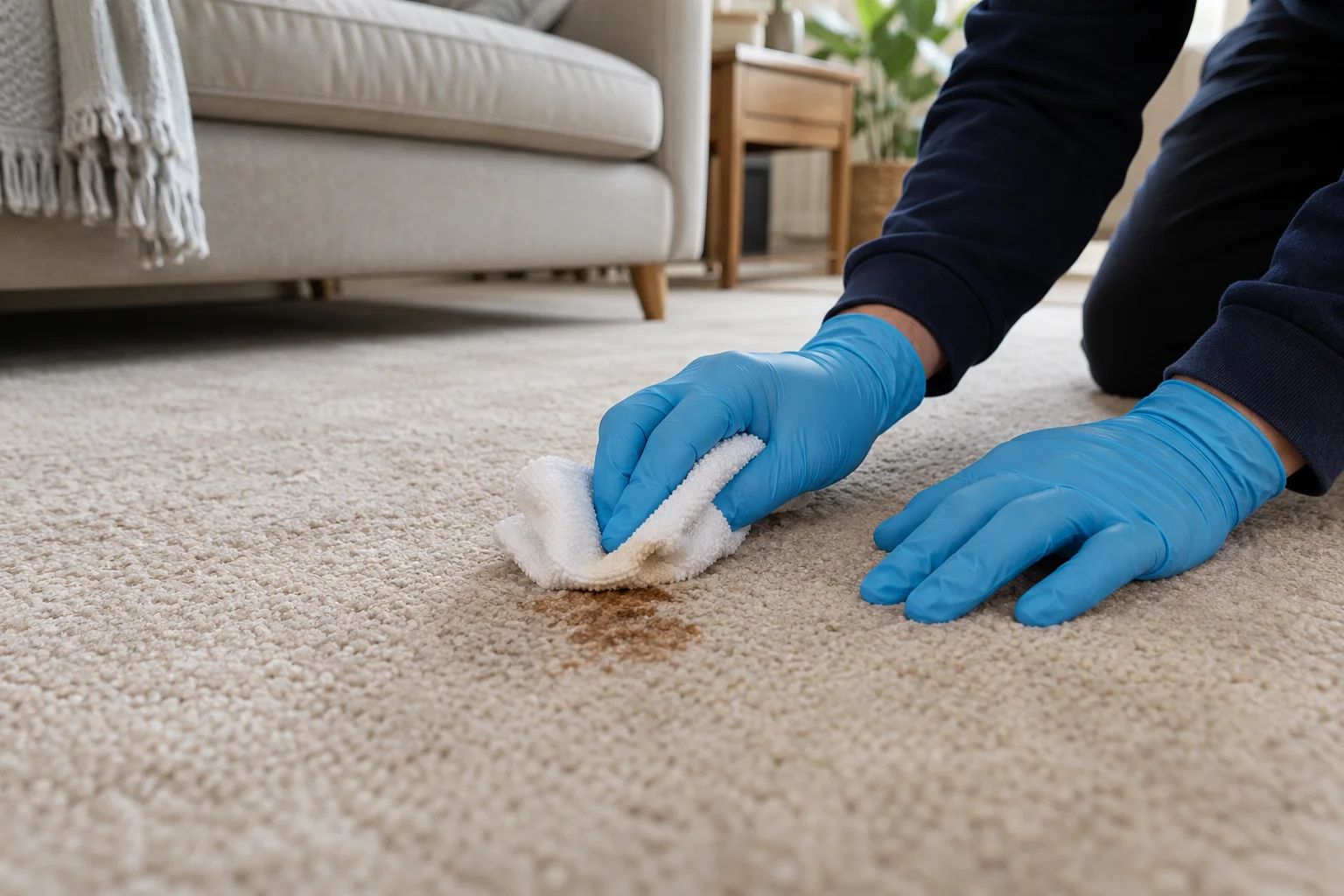 Careful spot treatment of a carpet mark (illustrative image)