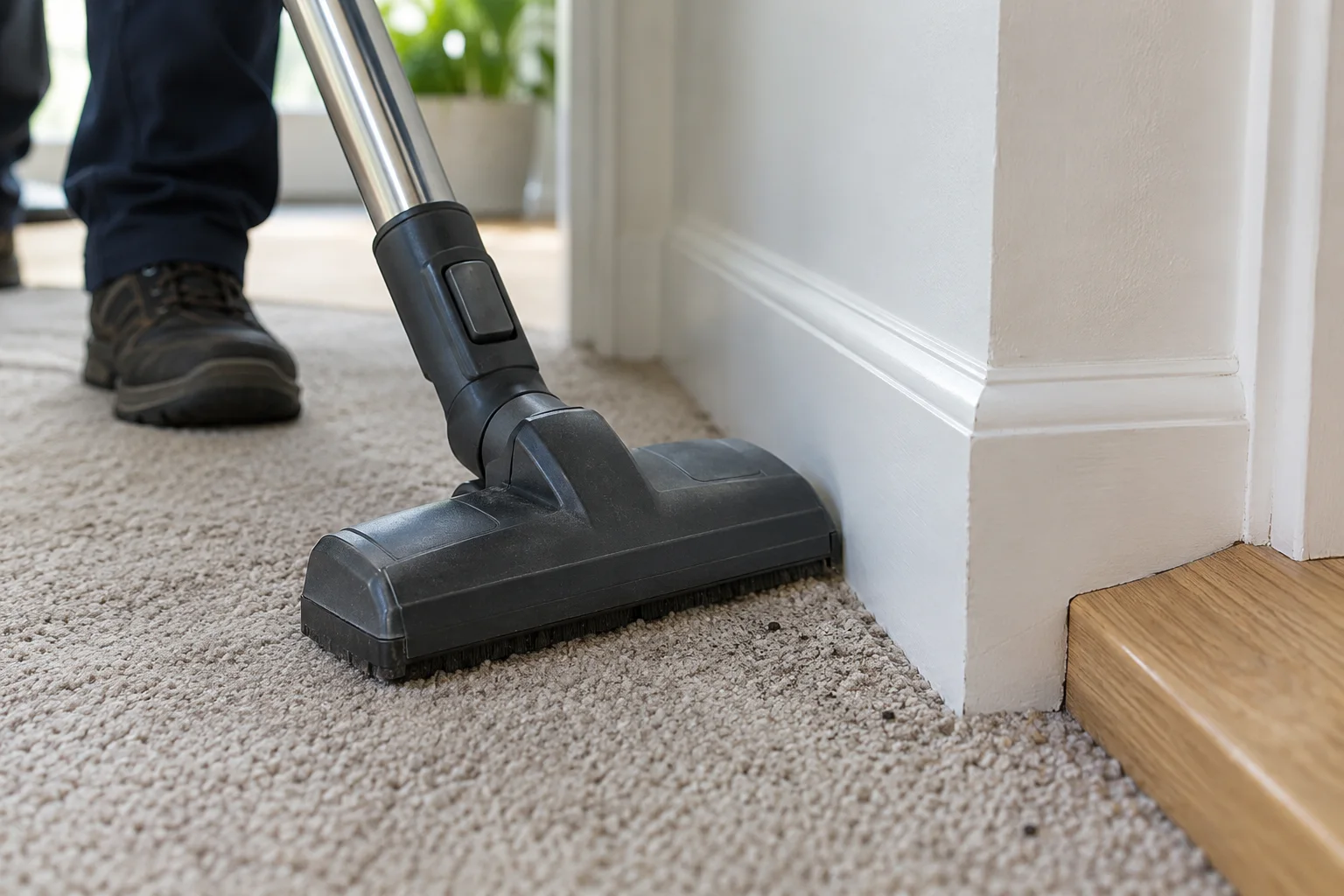 Vacuuming the carpet edge before deeper cleaning (illustrative image)