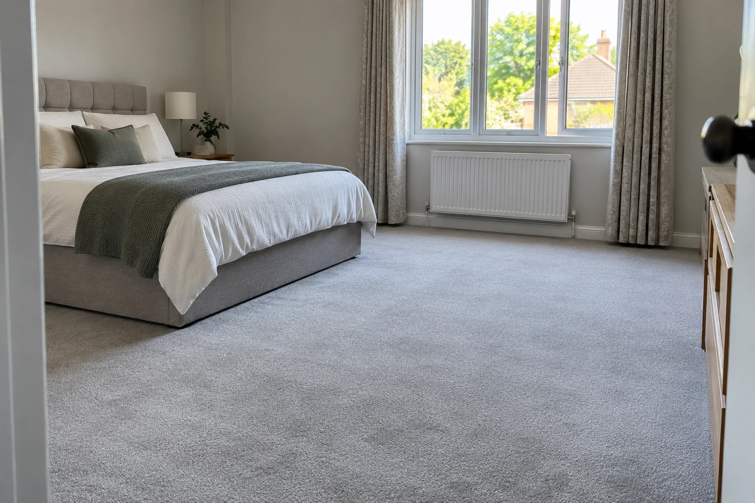 Clear bedroom floor with carpet left to dry (illustrative image)