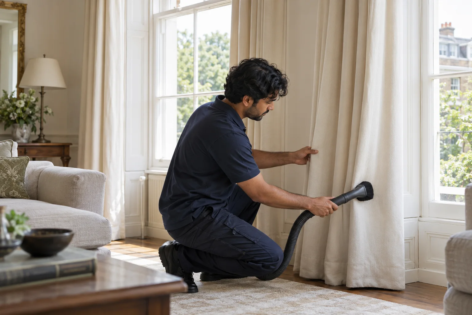 Technician removing surface dust from hanging curtains