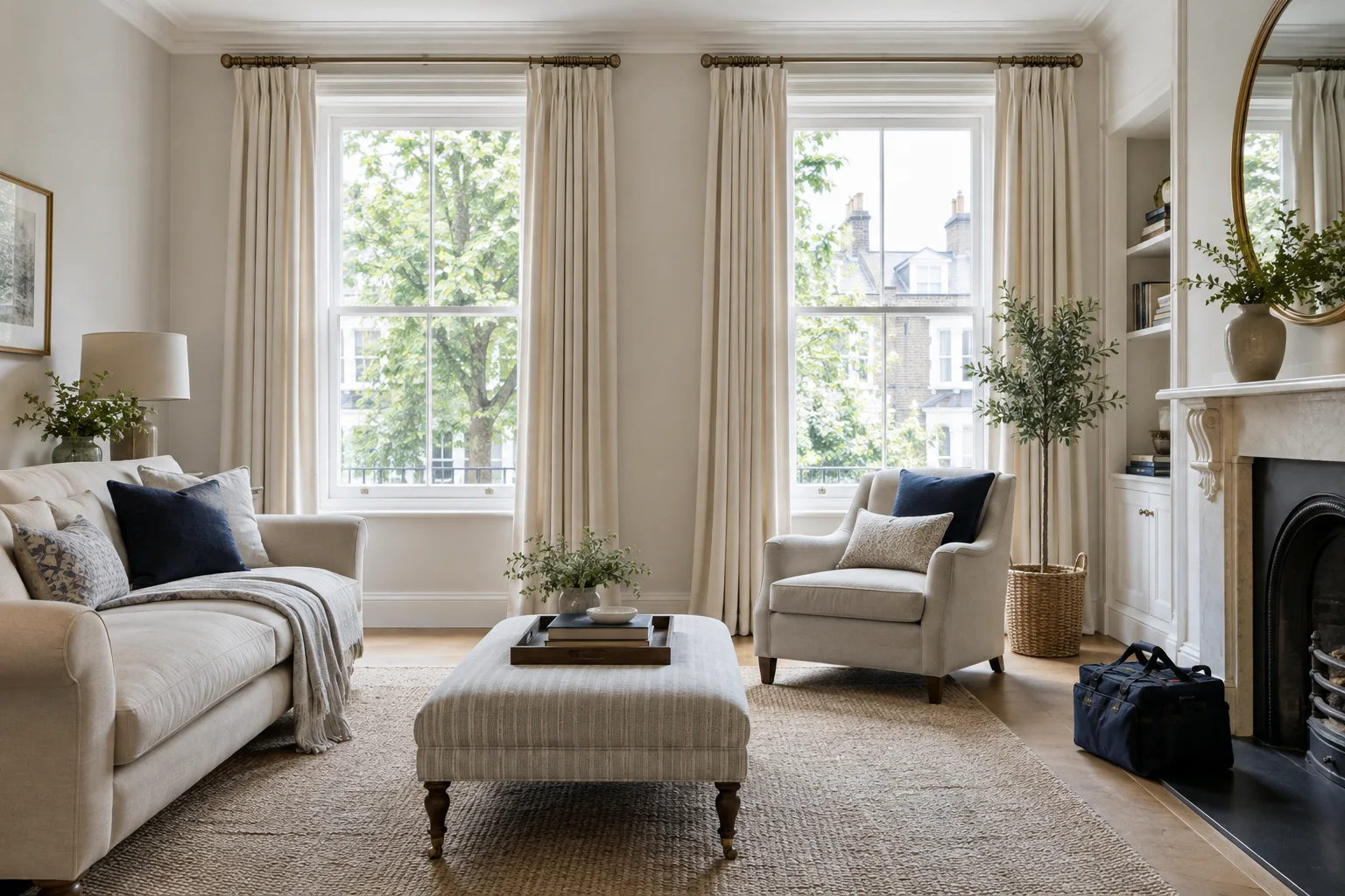 Full-length curtains hanging in a bright sitting room