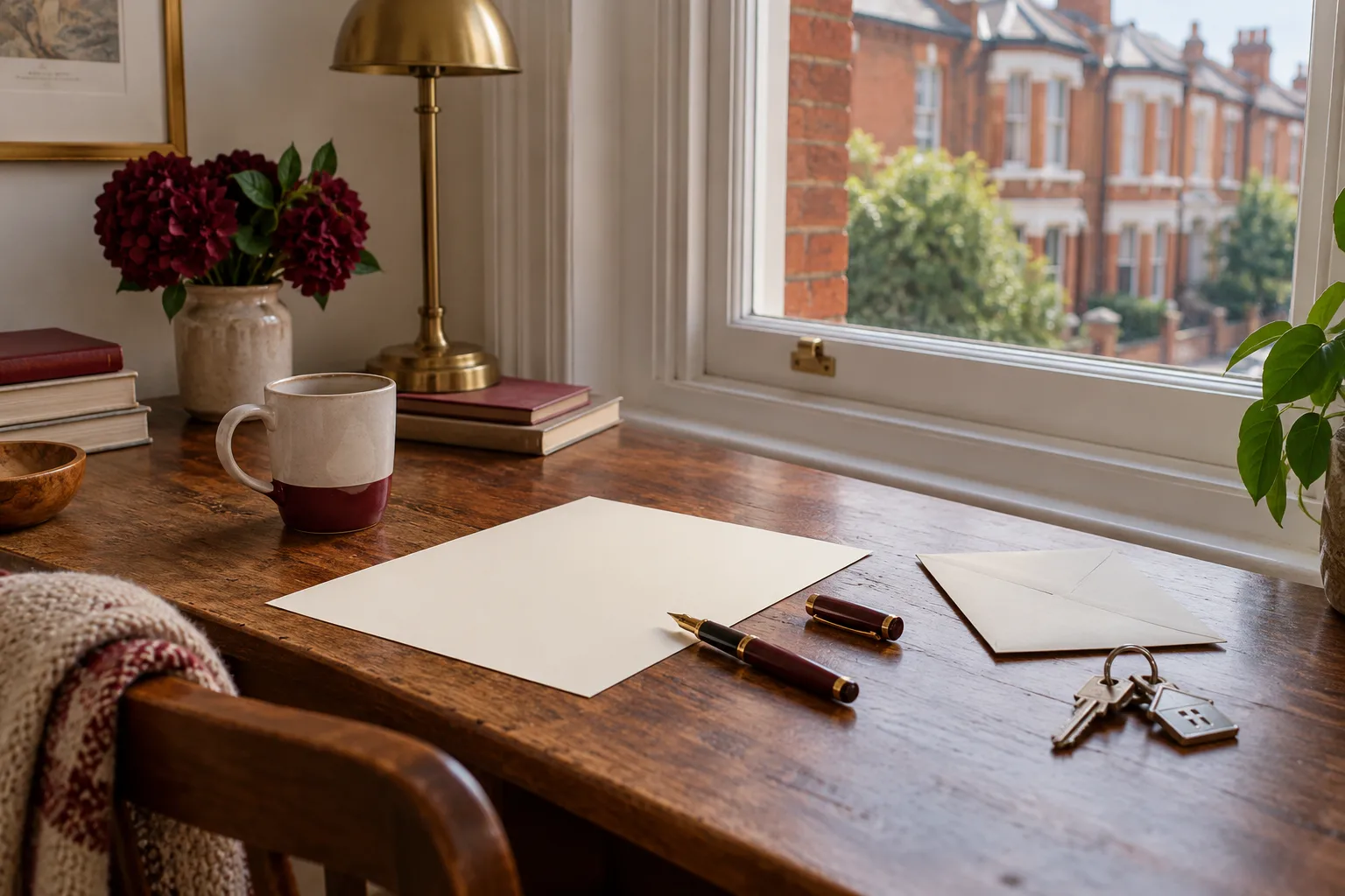 A simple home desk beside a Victorian sash window: blank cream paper, uncapped pen, plain unmarked envelope and house keys, distant red brick outside.