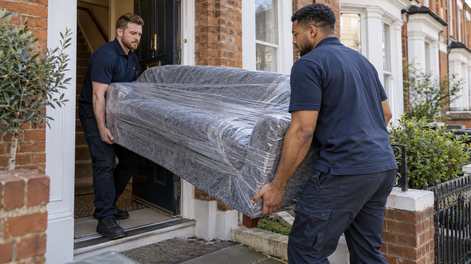 Movers carrying a protected sofa through a terraced-house doorway