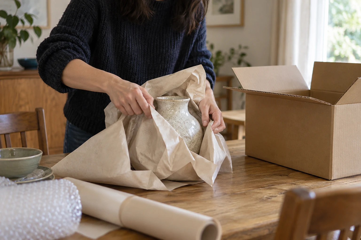 Fragile vase wrapped for packing in a moving carton