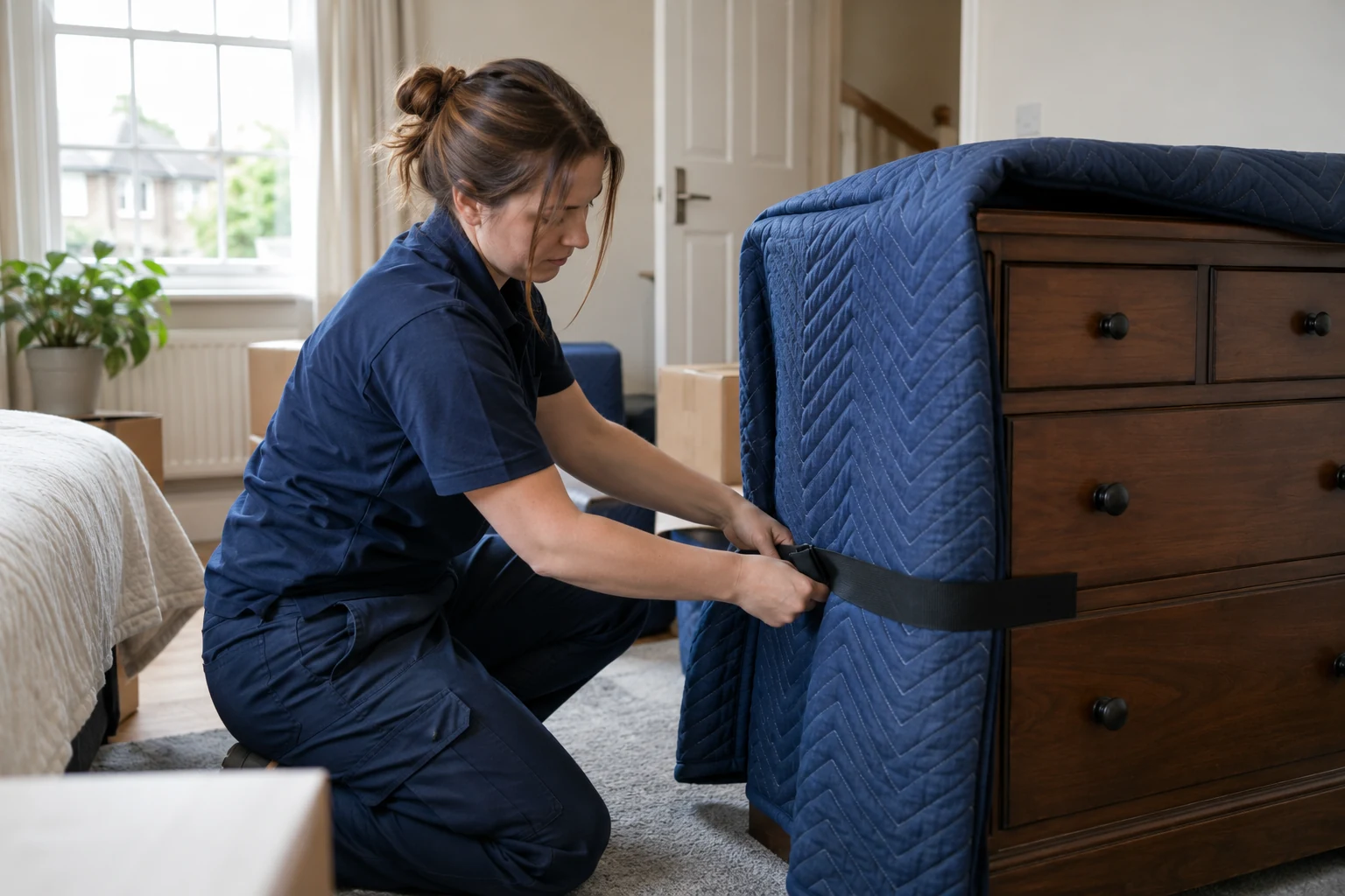 Mover securing a protective blanket around furniture