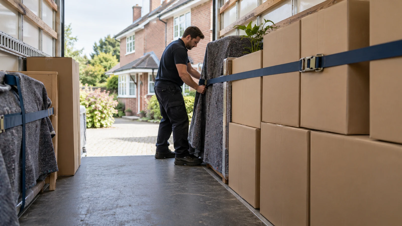 Packed cartons secured inside a removal van
