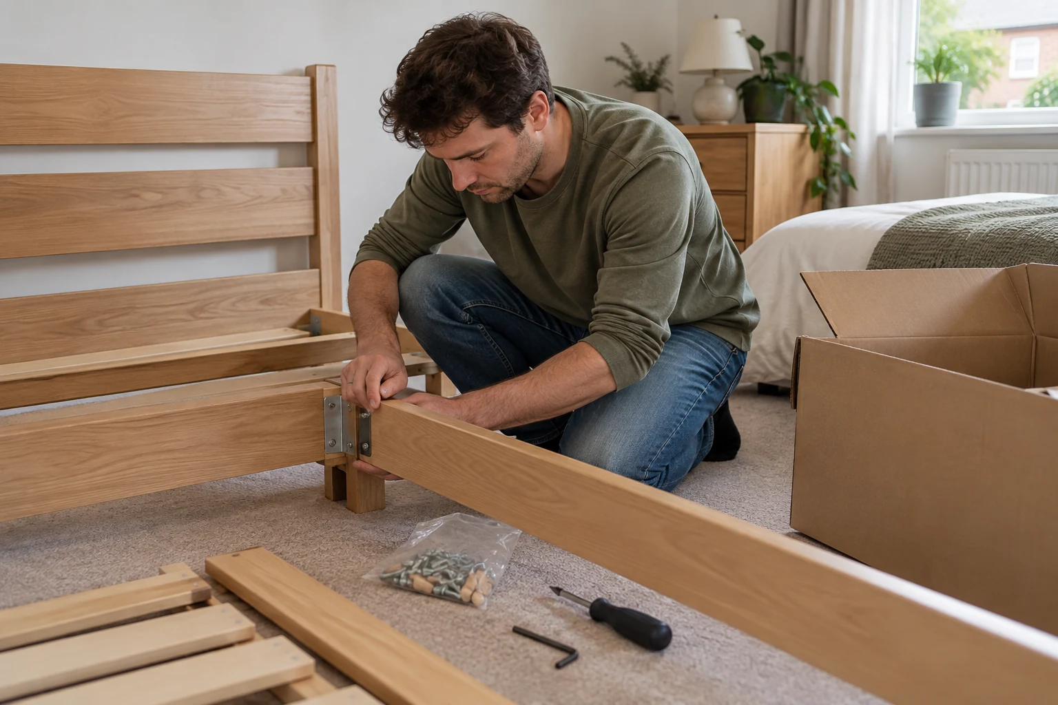 Bed-frame fittings kept together before transport