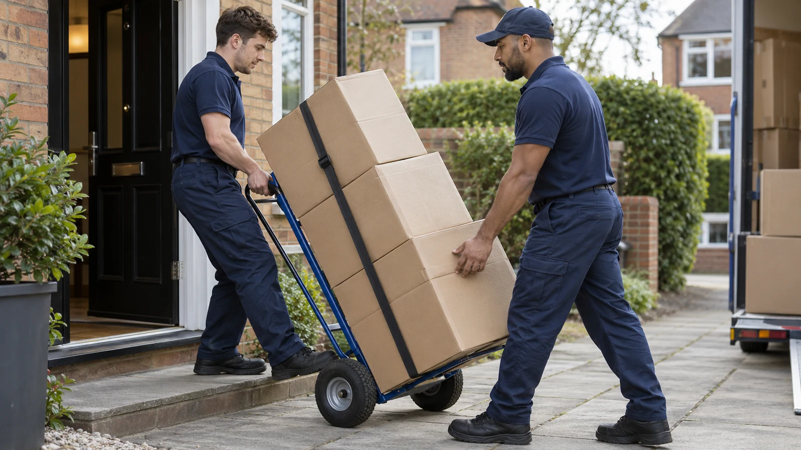 Movers using a trolley for boxed belongings