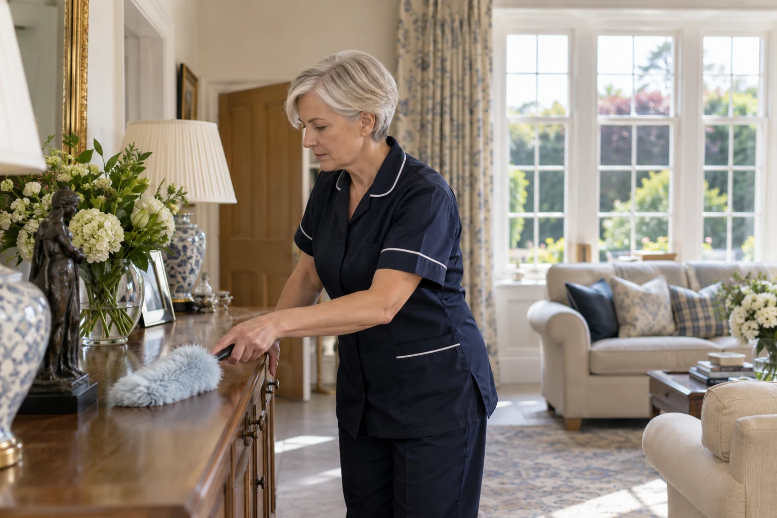 Housekeeper dusting a wooden living-room sideboard (illustrative image)