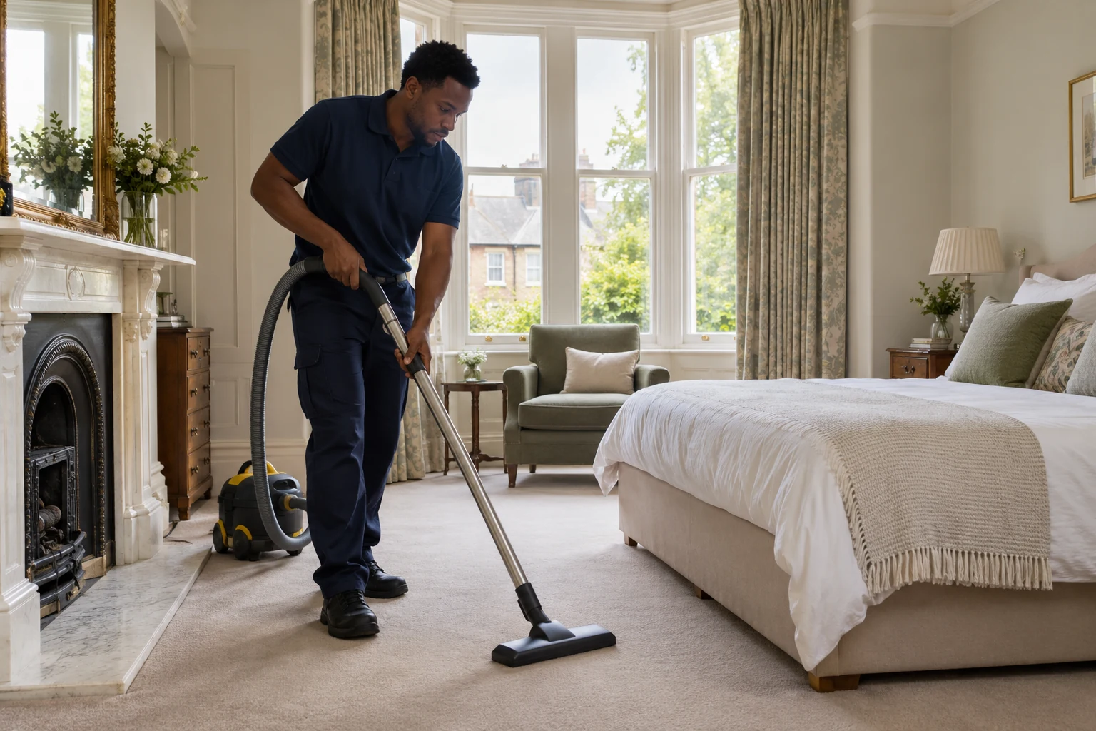 Housekeeper vacuuming a domestic bedroom (illustrative image)
