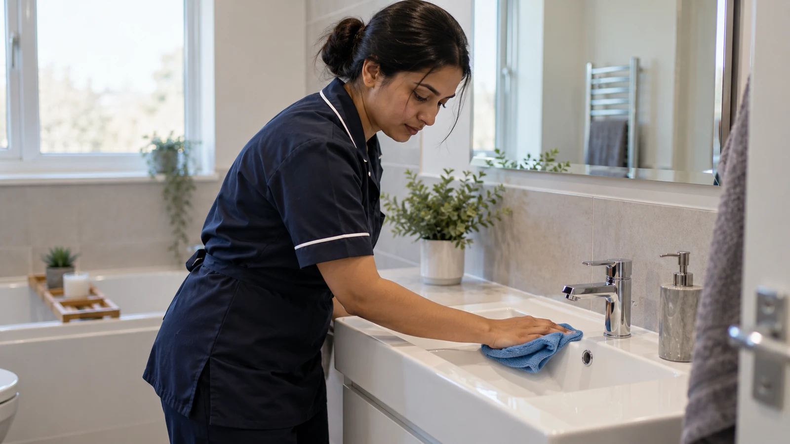 Housekeeper wiping a bathroom basin (illustrative image)