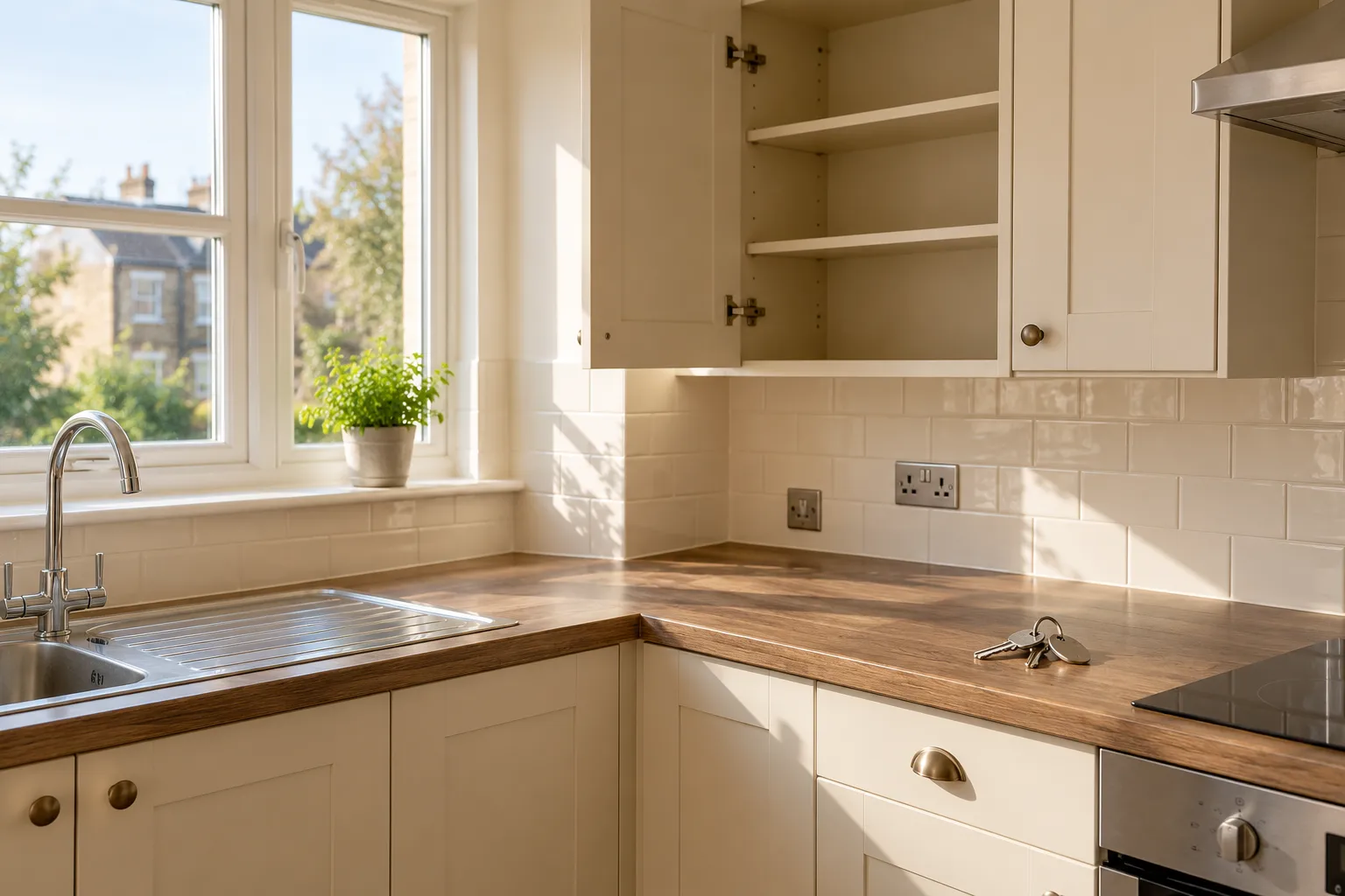 A freshly cleaned empty British flat kitchen with opened empty cupboard and a neat plain keyring on the worktop, normal UK sockets.