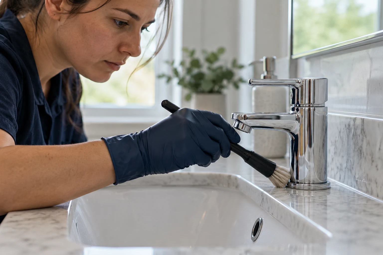 Detail brush cleaning around a bathroom tap base (illustrative image)