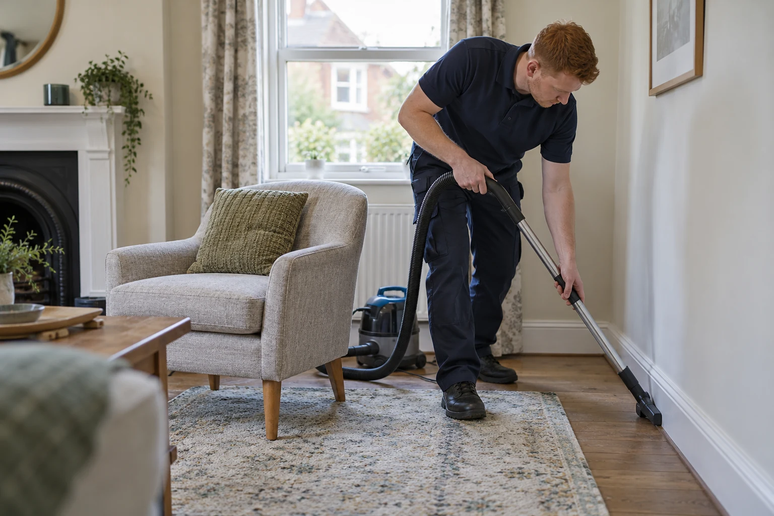 Cleaner vacuuming an accessible skirting edge (illustrative image)