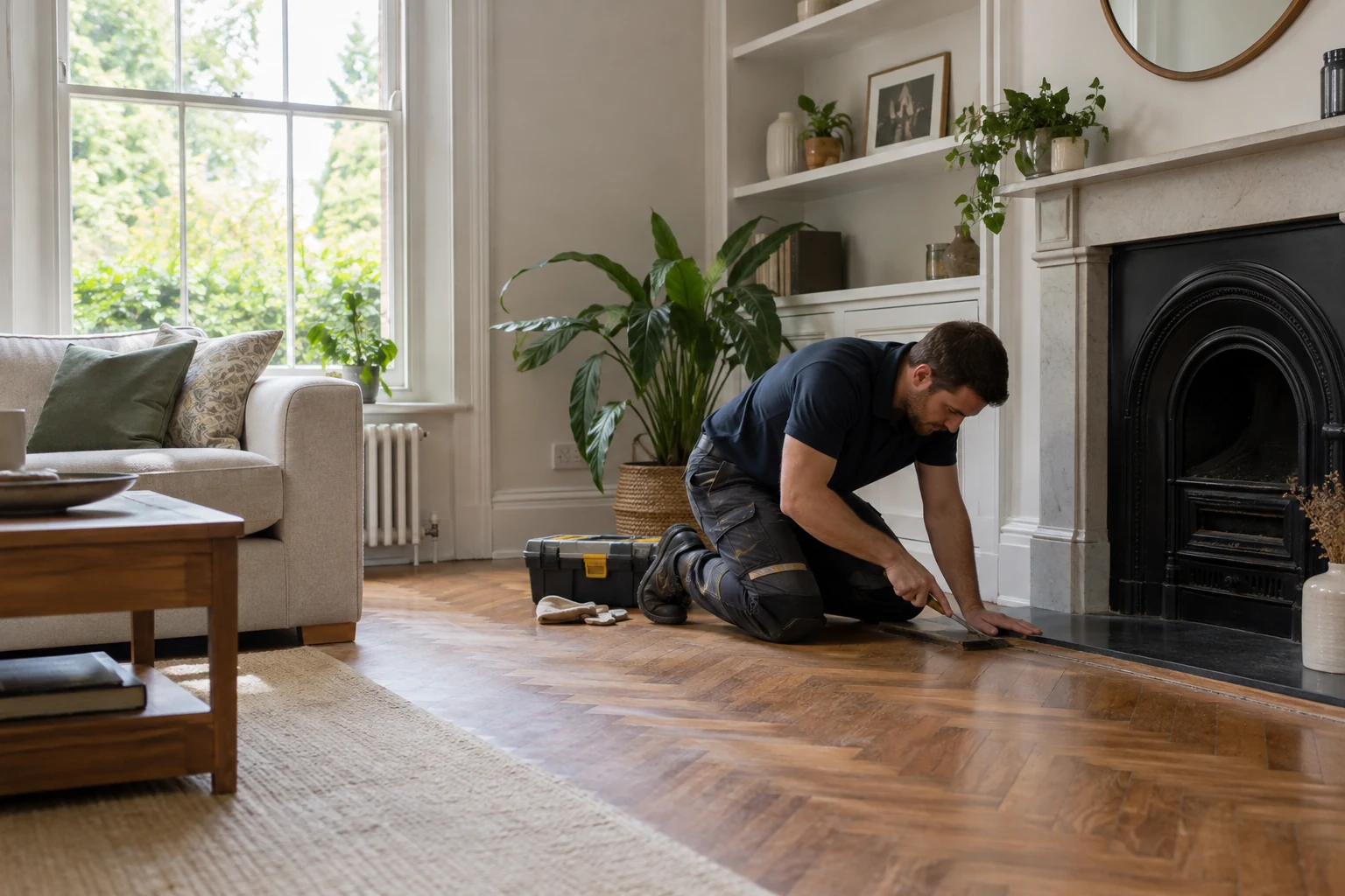 Cleaner working along floor edges in a sitting room (illustrative image)