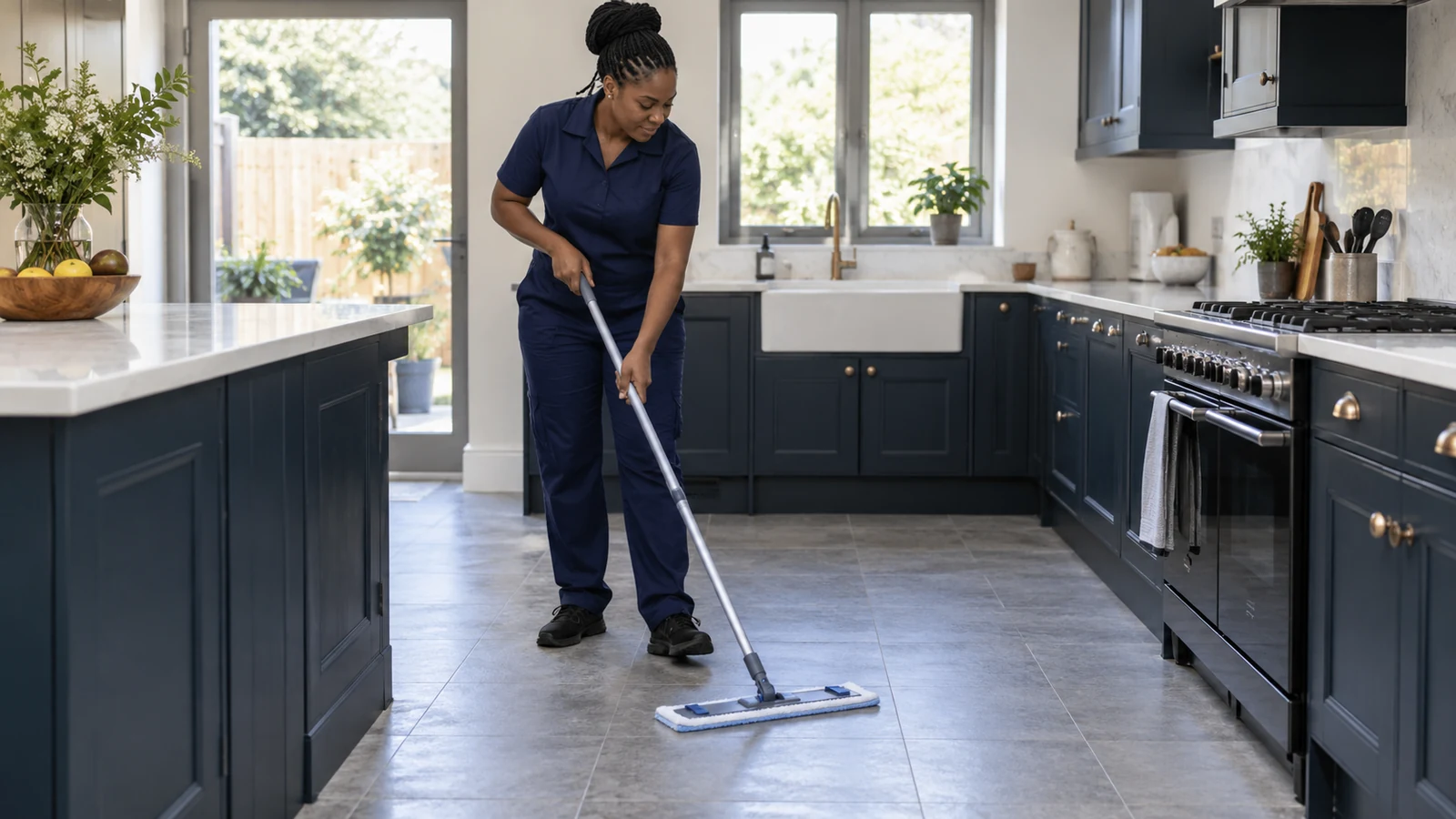 Cleaner mopping a domestic kitchen floor (illustrative image)