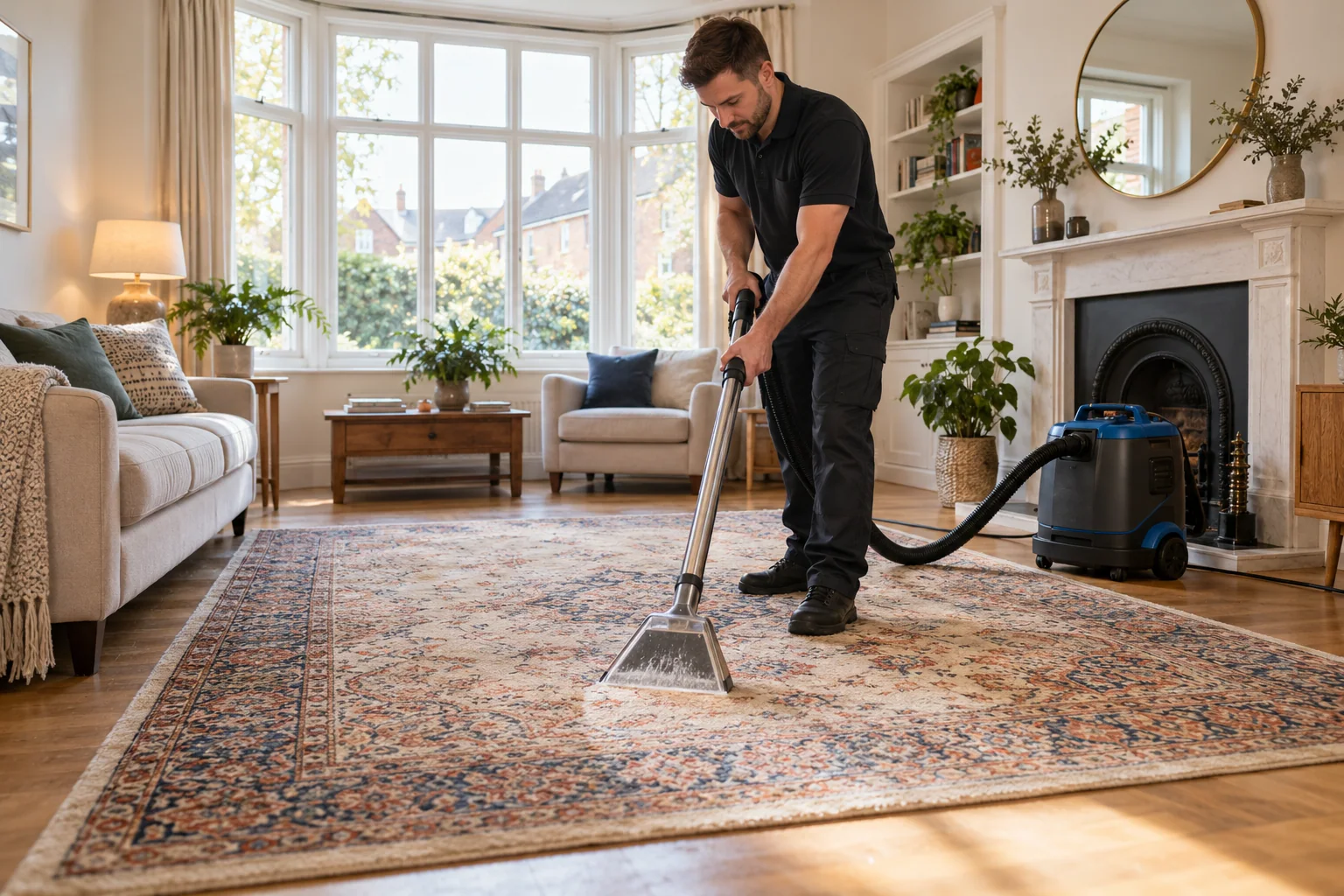 Professional using a wet-extraction wand to clean a patterned area rug in a living room (illustrative image)
