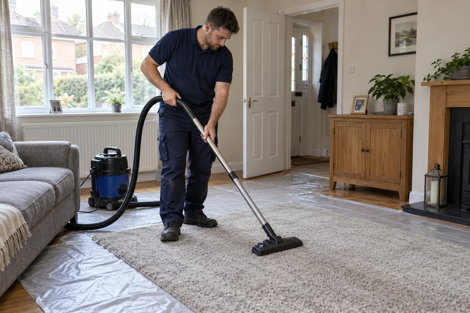 Professional vacuuming a rug on a protected floor (illustrative image)