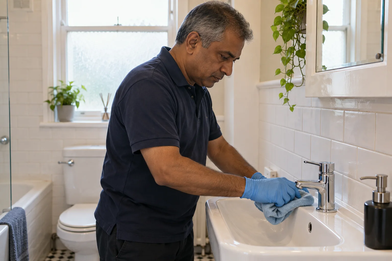 Cleaner wiping around a bathroom basin tap with a folded cloth (illustrative image)