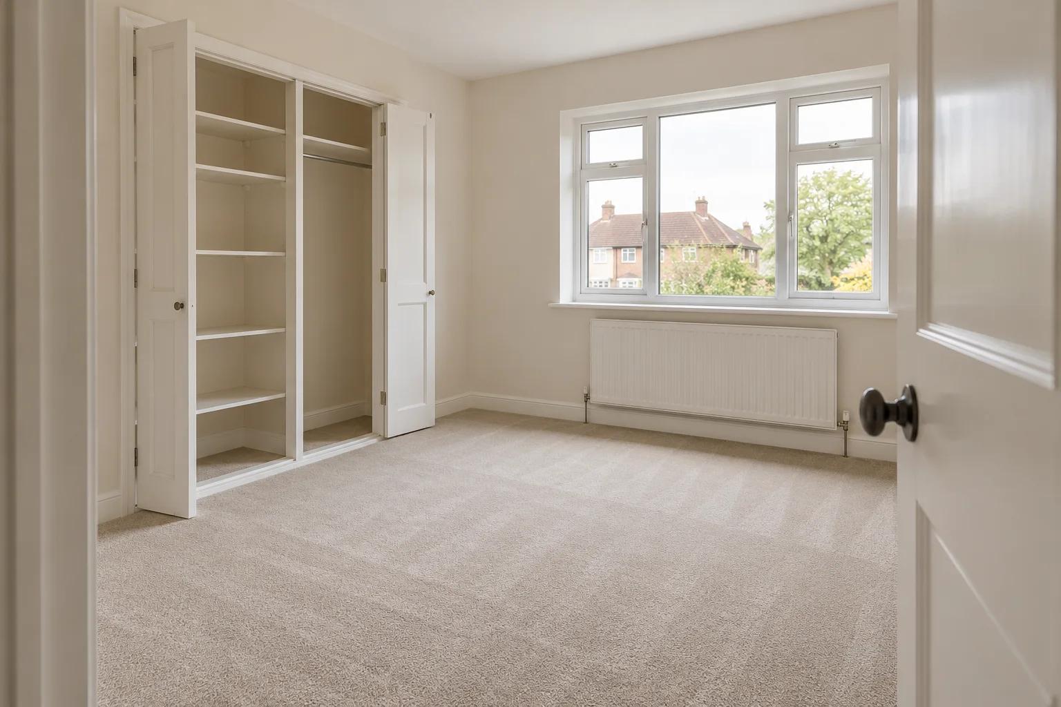 Empty bedroom with cleaned carpet and open fitted wardrobe (illustrative image)