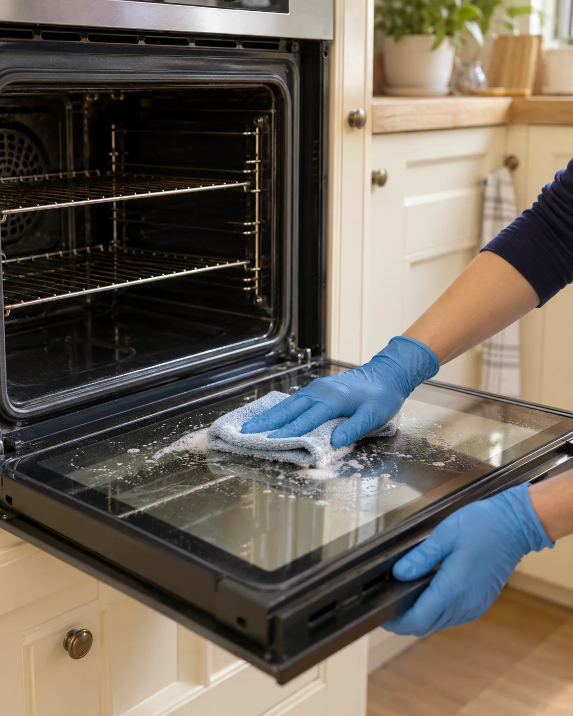 Blue-gloved hands wiping the glass of an open domestic oven door (illustrative image)