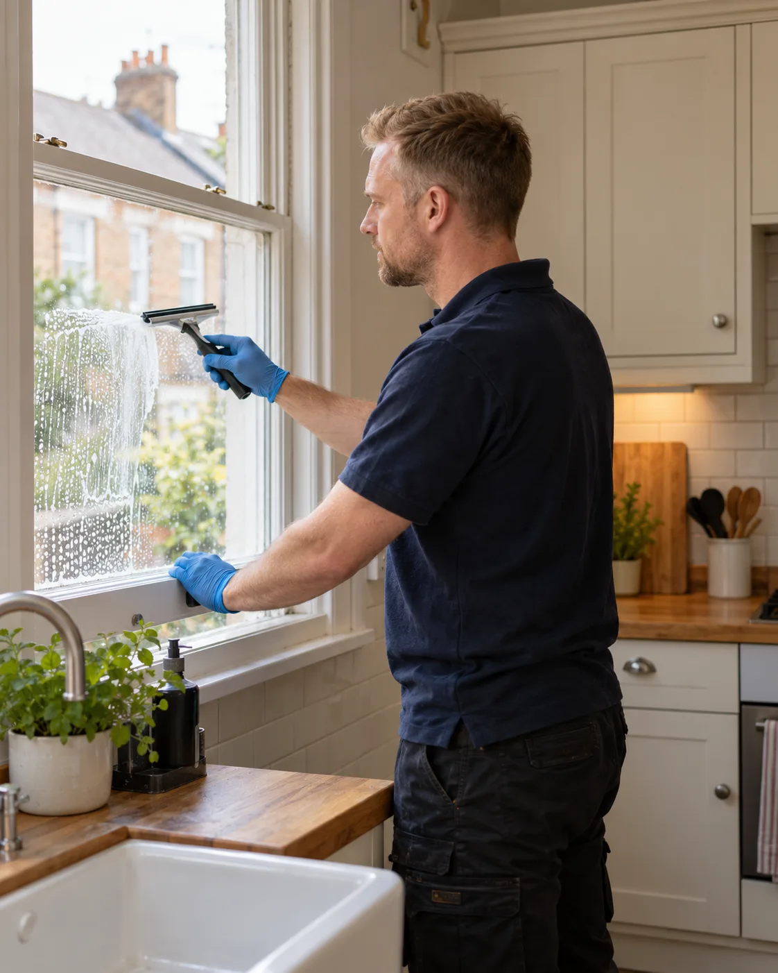 Cleaner in navy workwear using a squeegee on an interior sash window (illustrative image)