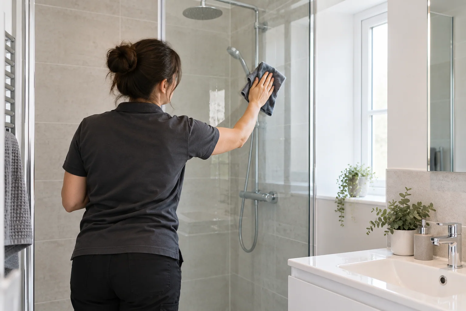 Illustrative scene of a cleaner wiping shower glass in a light tiled bathroom. (illustrative image)