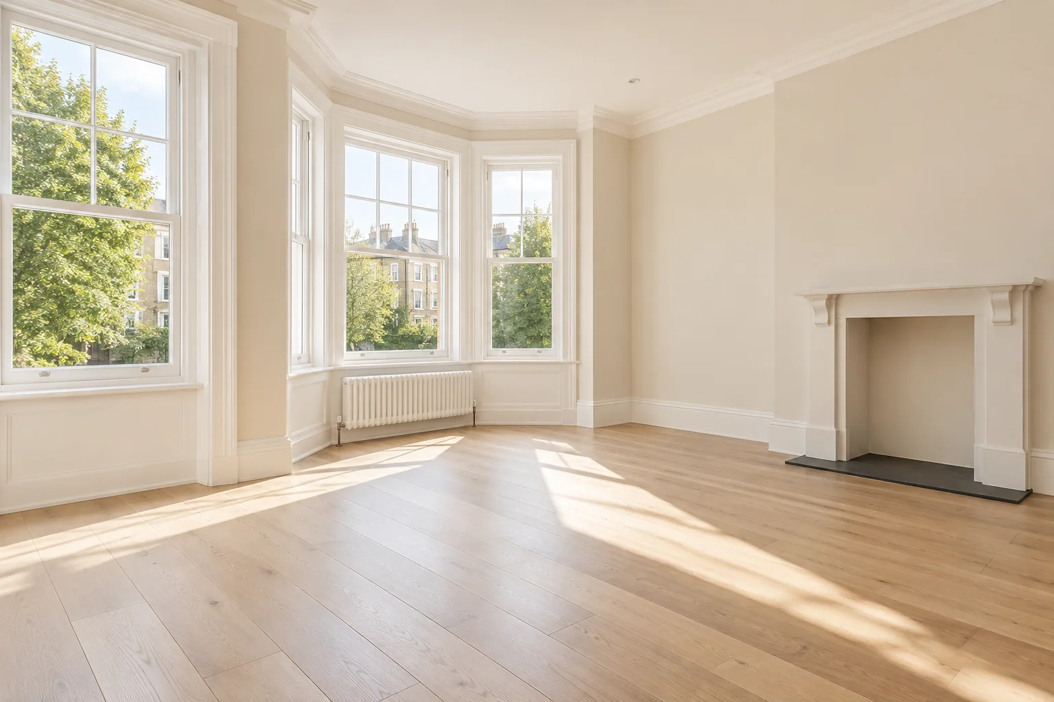 Illustrative view of a bright, freshly cleaned, empty rental living room. (illustrative image)