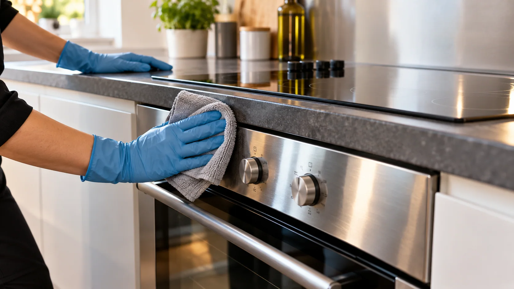 Illustrative close-up of gloved hands carefully cleaning an oven and hob. (illustrative image)