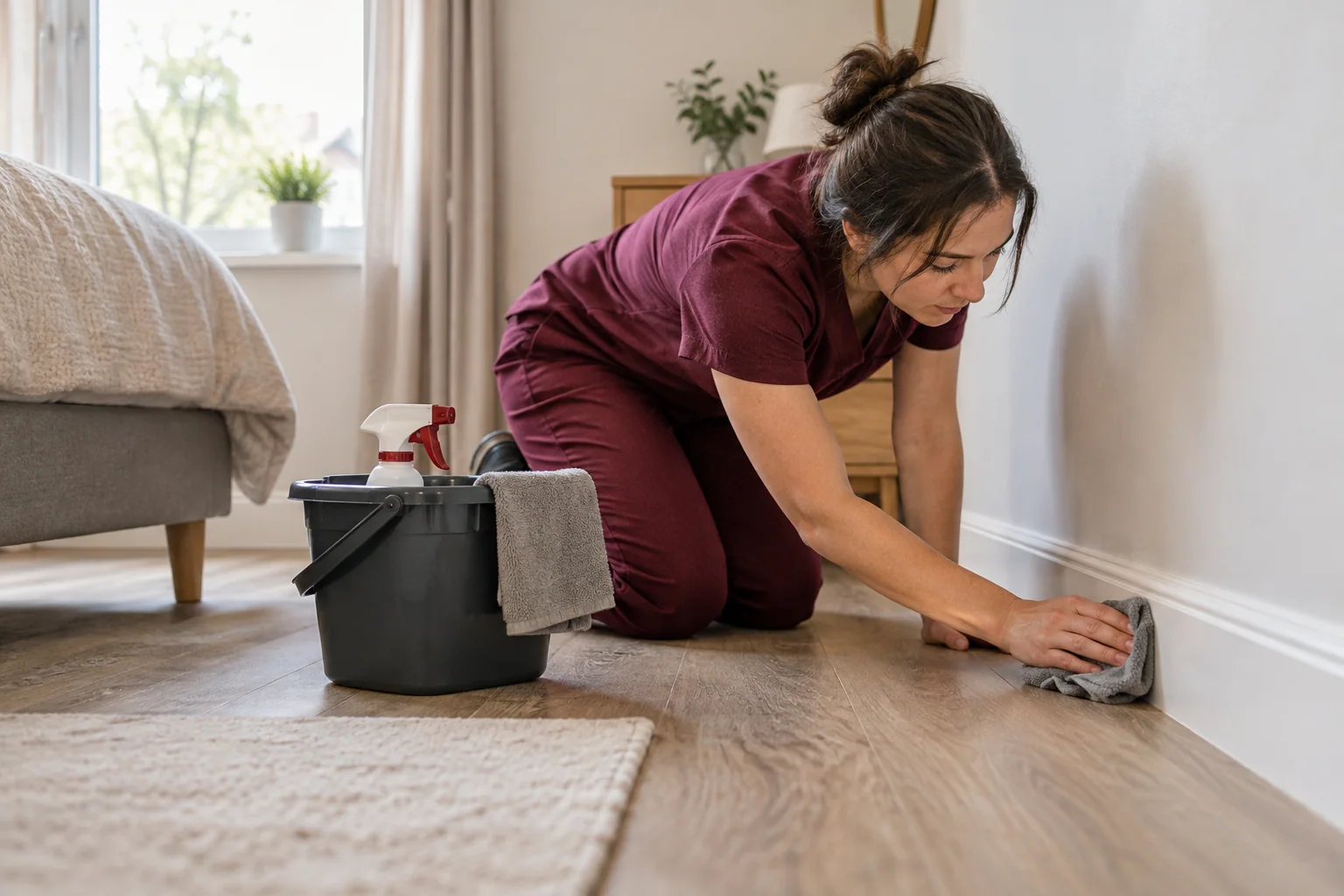 Illustrative scene of a cleaner wiping the skirting board and floor edge. (illustrative image)