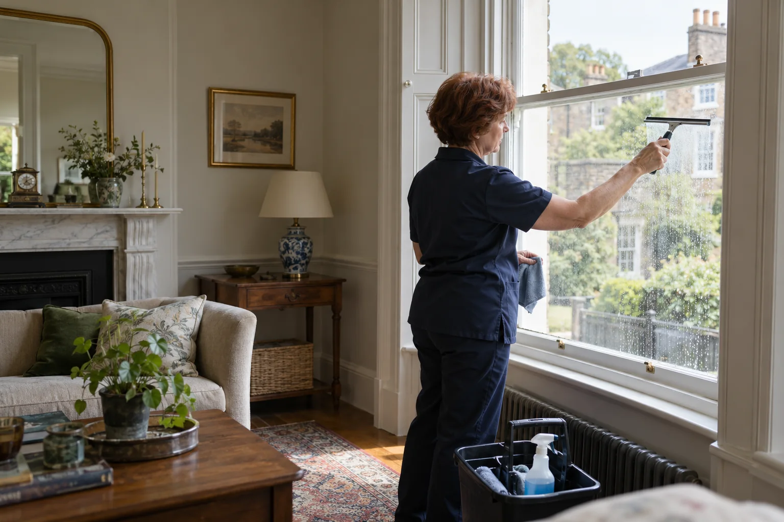 Professional squeegeeing an interior sash window (illustrative image)