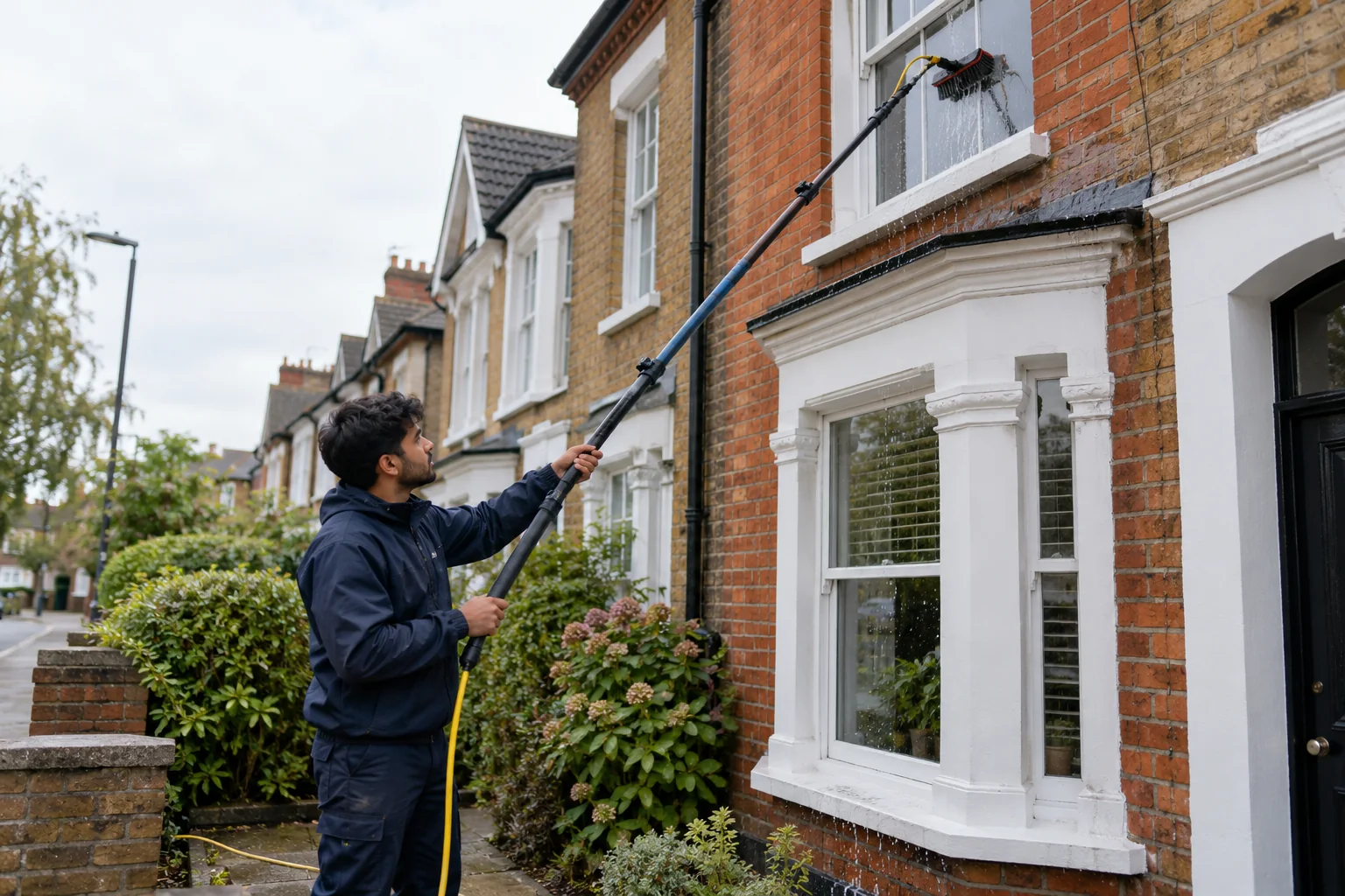 Professional cleaning upper windows from ground level with a water-fed pole
