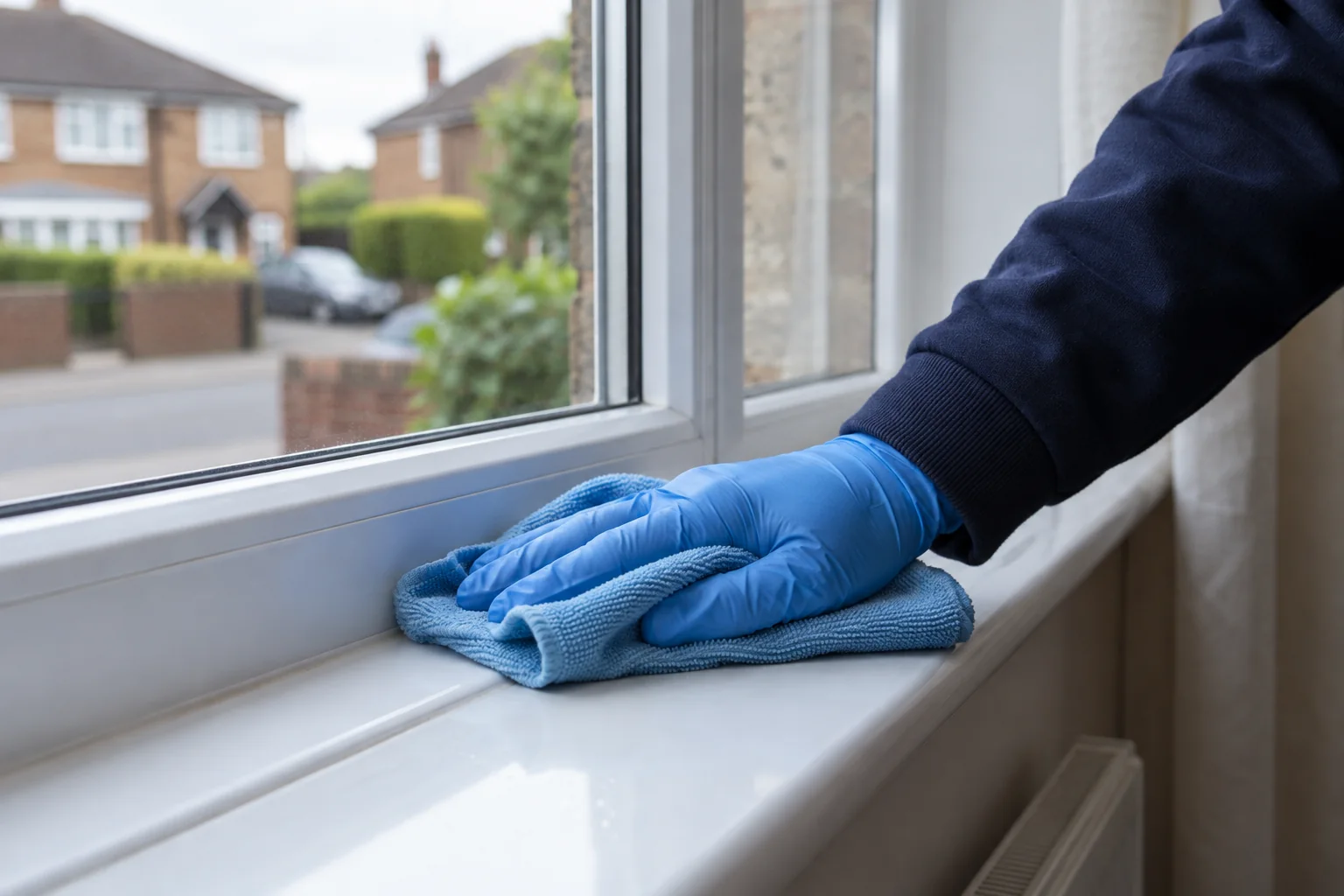 Gloved hand wiping a uPVC window sill (illustrative image)