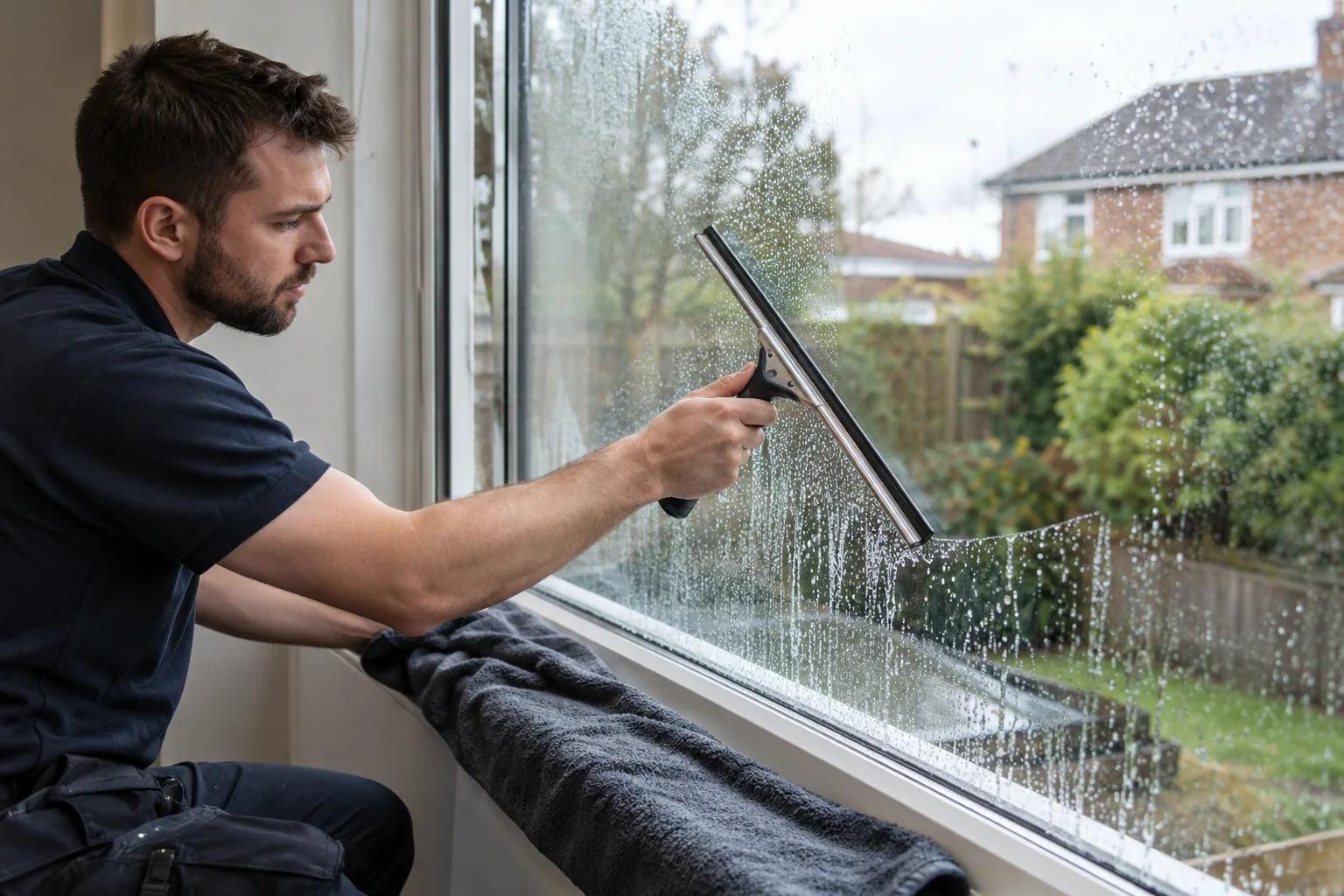 Squeegee and cloth controlling water on interior glass (illustrative image)