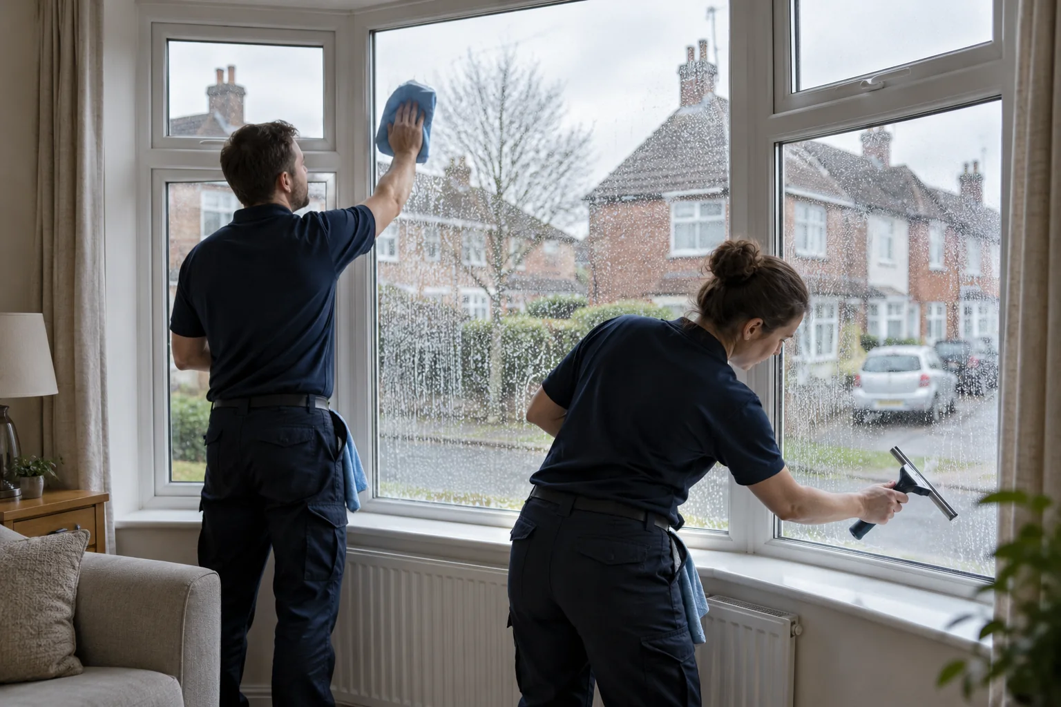 Two navy-clothed professionals cleaning a large bay window in a British living room (illustrative image)