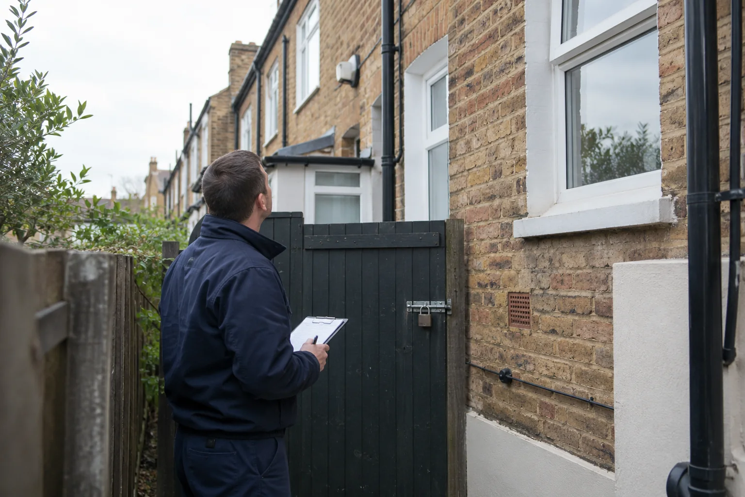 Window professional assessing access beside a terrace side gate