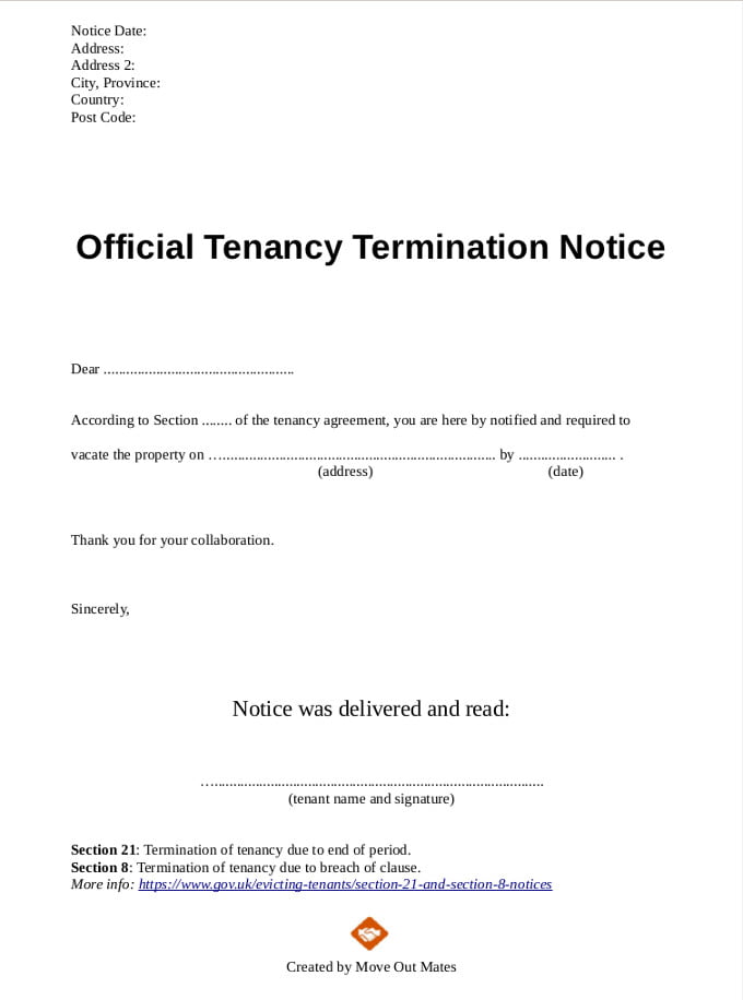 End of Tenancy Letter Template From Landlord to Tenant