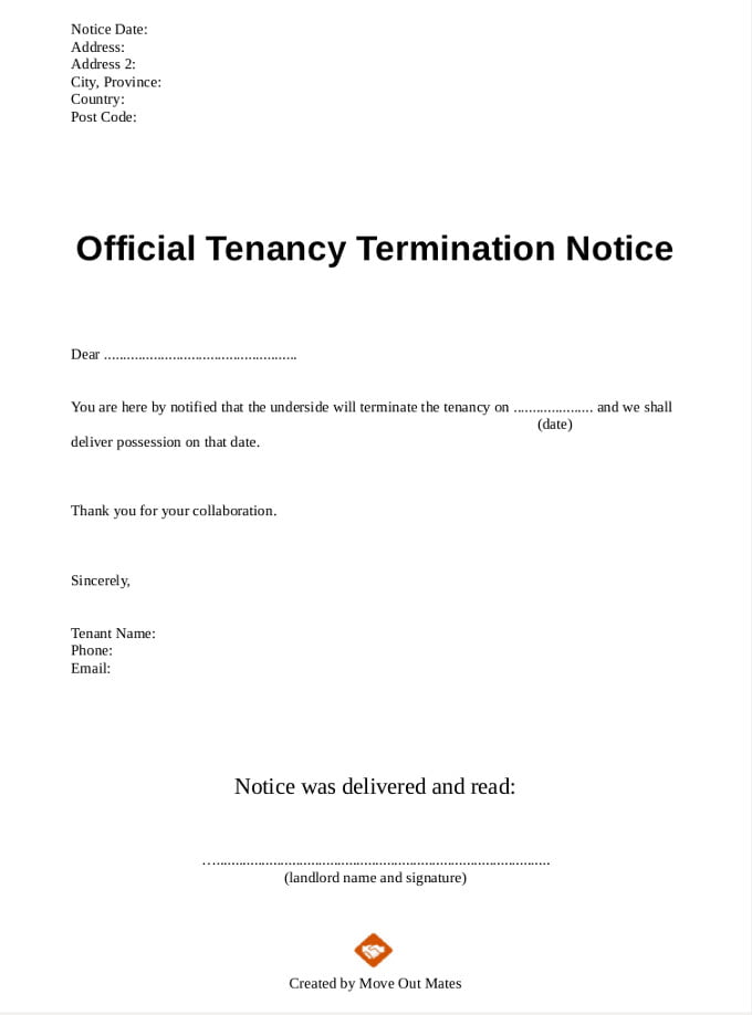 End of Tenancy Letter Template From Tenant to Lanlord
